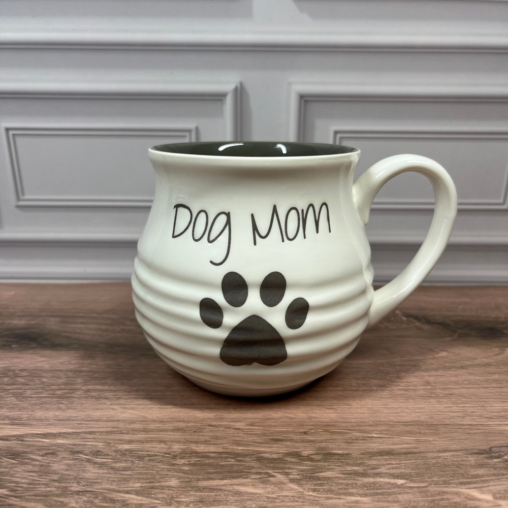 The Paper Store Dog Mom 16oz Coffee Tea Mug White Paw Print Textured Ceramic